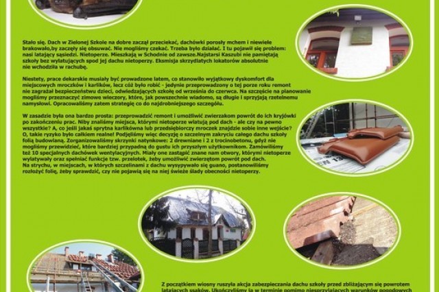Poster Wdzydzkiego Parku Krajobrazowego na temat:  „Jak w Zielonej Szkole w Schodnie nietoperze nowy dach dostały”